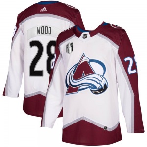 Authentic Adidas Youth Miles Wood White 2020/21 Away 2022 Stanley Cup Final Patch Jersey - NHL Colorado Avalanche