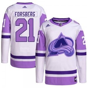 Authentic Adidas Youth Peter Forsberg White/Purple Hockey Fights Cancer Primegreen Jersey - NHL Colorado Avalanche