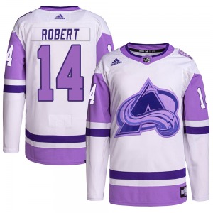 Authentic Adidas Youth Rene Robert White/Purple Hockey Fights Cancer Primegreen Jersey - NHL Colorado Avalanche