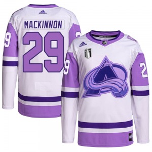 Authentic Adidas Youth Nathan MacKinnon White/Purple Hockey Fights Cancer Primegreen 2022 Stanley Cup Final Patch Jersey - NHL C