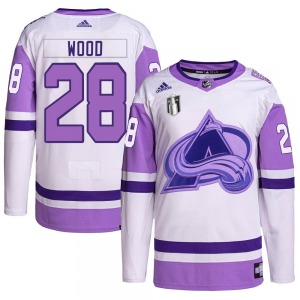 Authentic Adidas Youth Miles Wood White/Purple Hockey Fights Cancer Primegreen 2022 Stanley Cup Final Patch Jersey - NHL Colorad