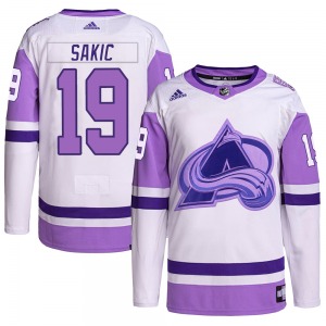 Authentic Adidas Adult Joe Sakic White/Purple Hockey Fights Cancer Primegreen Jersey - NHL Colorado Avalanche