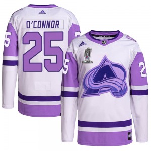 Authentic Adidas Adult Logan O'Connor White/Purple Hockey Fights Cancer 2022 Stanley Cup Champions Jersey - NHL Colorado Avalanc