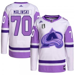 Authentic Adidas Youth Sam Malinski White/Purple Hockey Fights Cancer Primegreen 2022 Stanley Cup Final Patch Jersey - NHL Color