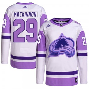 Authentic Adidas Adult Nathan MacKinnon White/Purple Hockey Fights Cancer Primegreen Jersey - NHL Colorado Avalanche