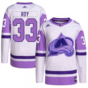 Authentic Adidas Adult Patrick Roy White/Purple Hockey Fights Cancer Primegreen Jersey - NHL Colorado Avalanche
